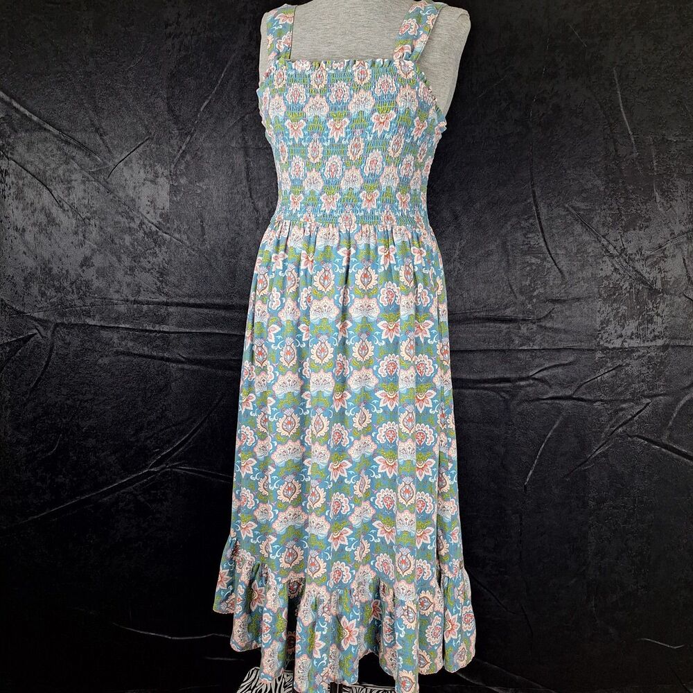 Matilda Jane Medium Smocked Midi Dress Square Neck Teal Floral Ruffle Embroidery